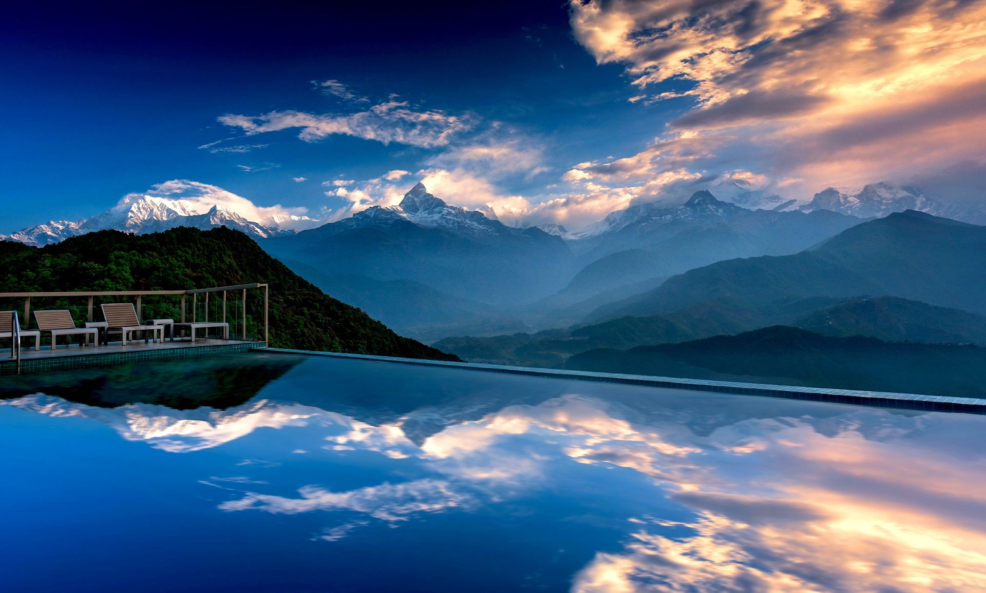 View of the Annapurna range at Sarangkot Mountain Lodge, a property of Hotel Barahi